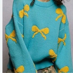 POL Teal and Yellow Sherpa Bow Sweater